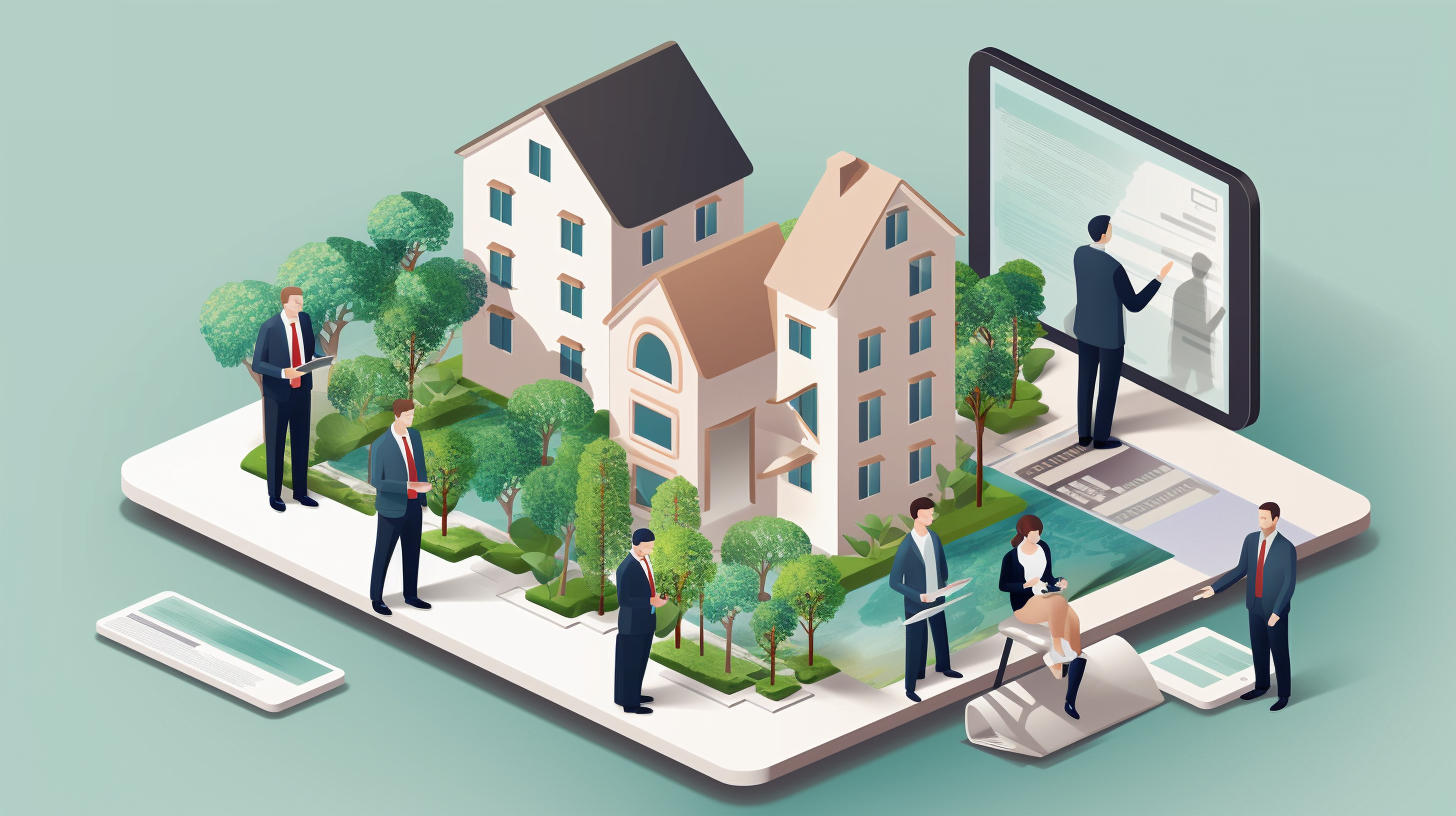 A group of people flip through images of a lucrative commercial multifamily properties for passive income on a tablet.