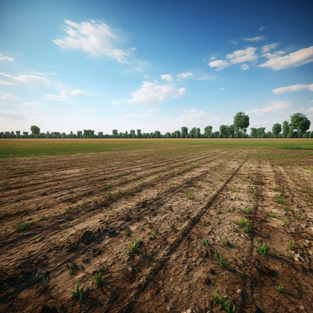 A plowed field with trees under a clear blue sky, offering the potential for passive income from land.