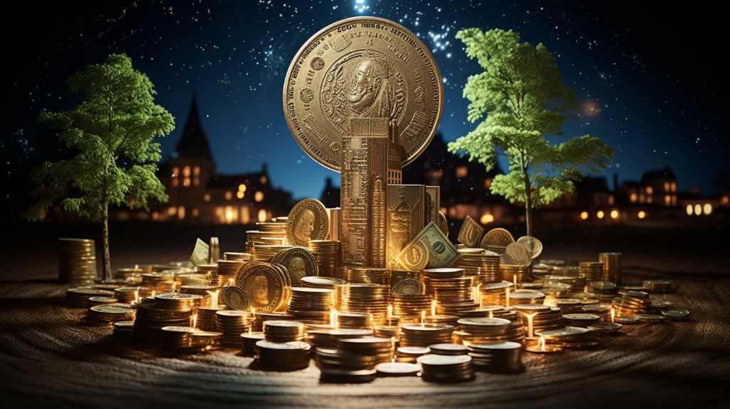 A pile of coins on a wooden table with trees in the background.