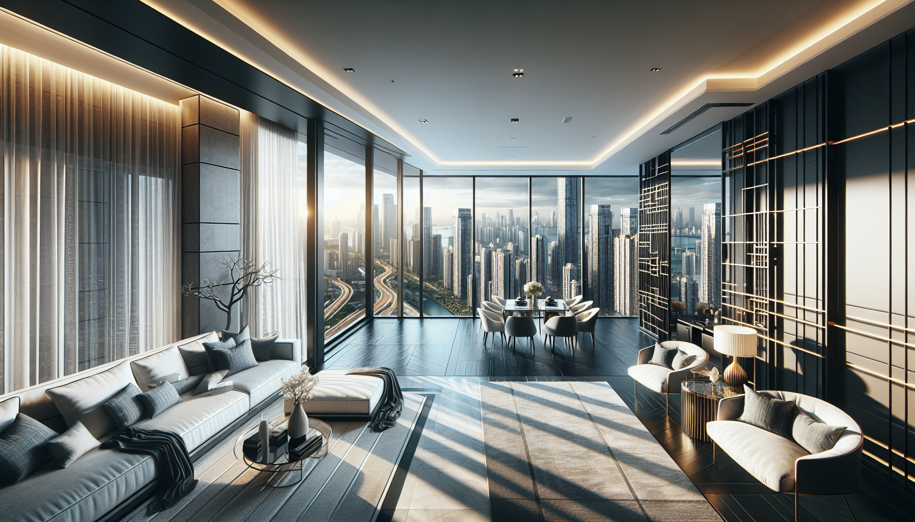 A modern living room in an apartment with a view of the city.