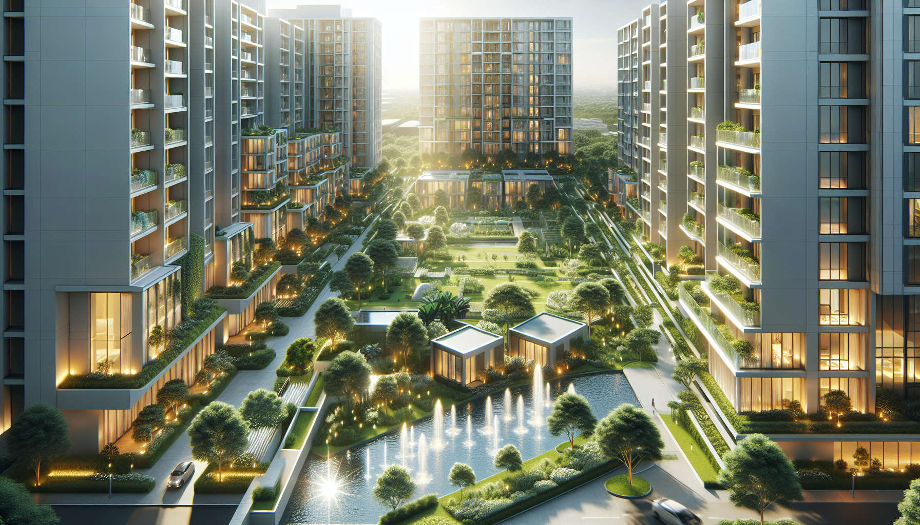 3d rendering of a residential complex with a water feature offering passive income through apartments.