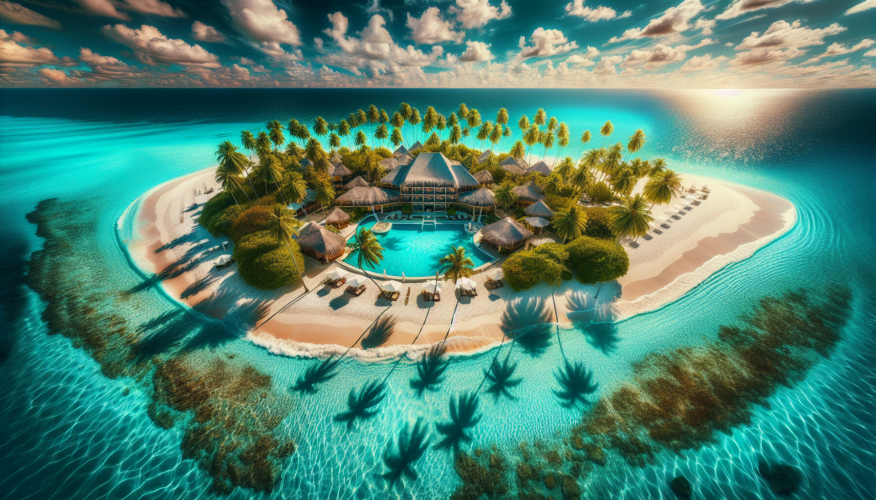 An aerial view of an island resort showcasing real estate management strategies.