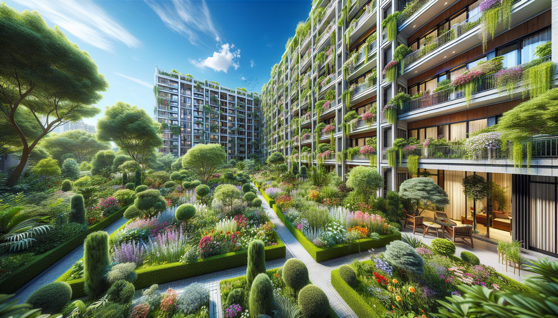 3d rendering of an apartment complex with a garden.