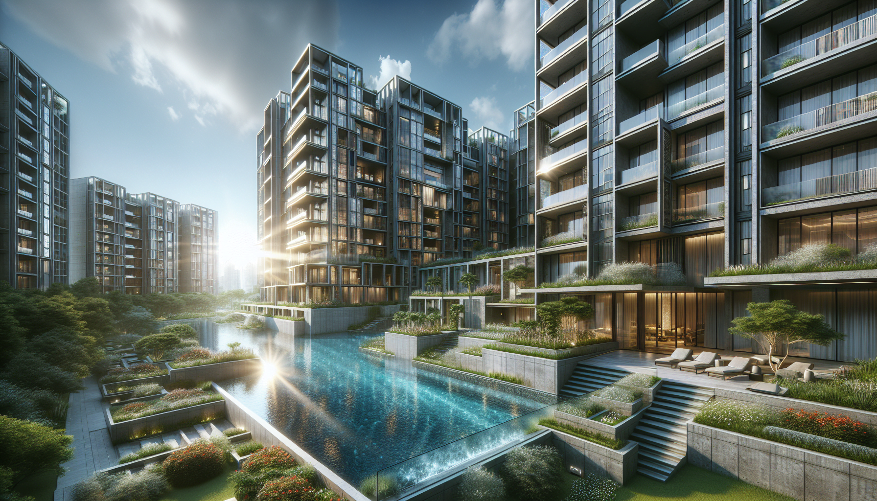 3d rendering of an apartment complex with a swimming pool.