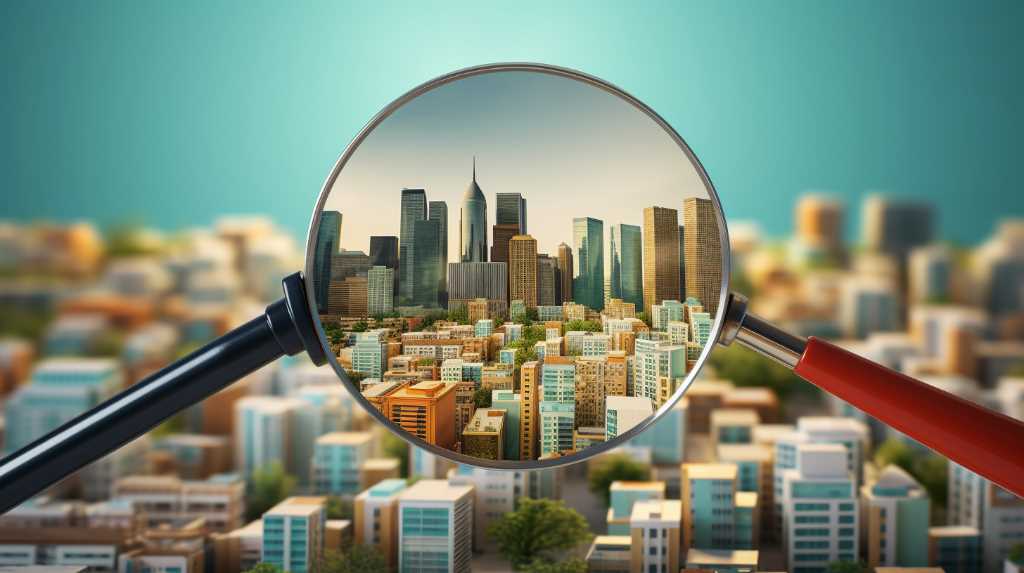 A cityscape magnified through a powerful magnifying glass, showcasing various stages of the real estate cycle.