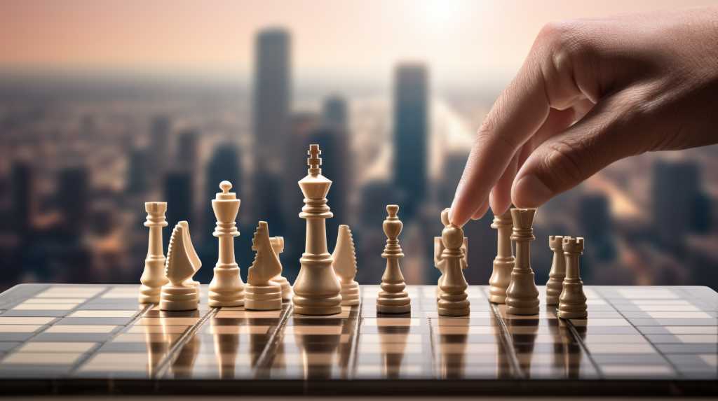 A hand is pointing at a chess board with a city in the background.