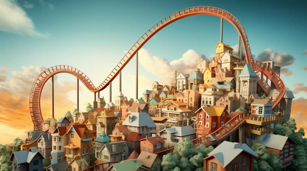 An image of a roller coaster on top of a city, symbolizing the wild fluctuations characteristic of the real estate cycle.