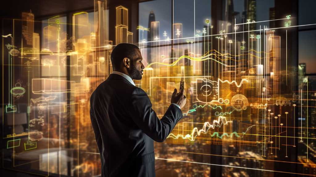 A businessman in a suit looking at a cityscape at night.