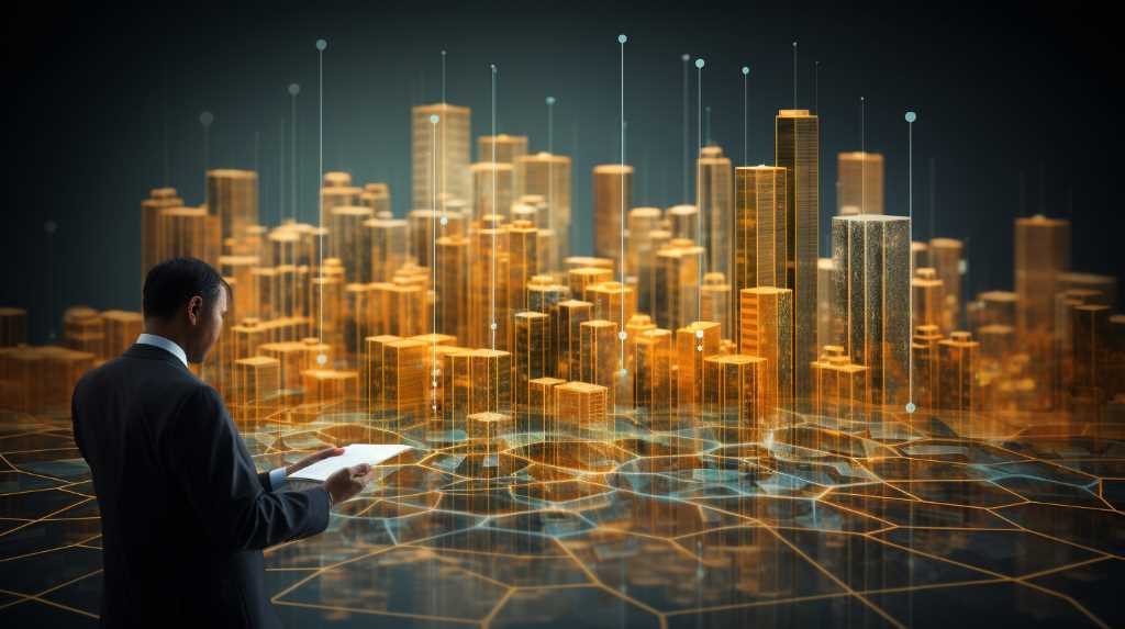 A businessman looking at a digital tablet in front of a cityscape.