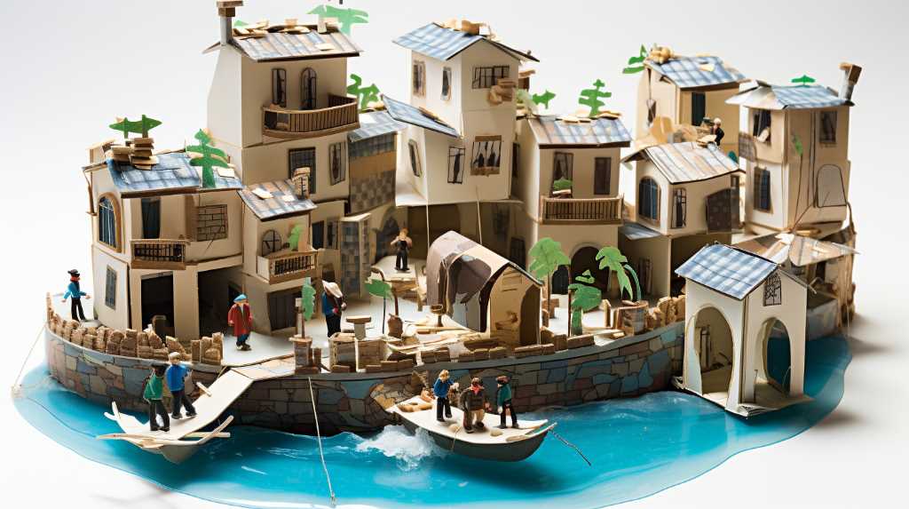 A paper model of a city with people on boats.