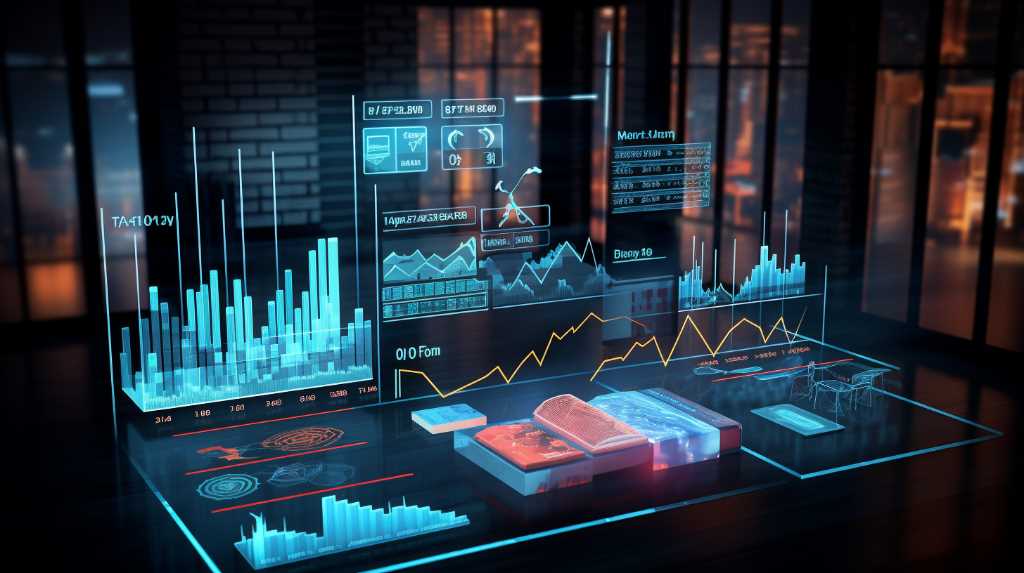 A futuristic display of data and graphs showcasing the trends and performance of the commercial real estate market, all within a visually stunning dark room.