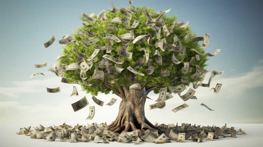 A tree with money raining down in a metaphorical representation of the real estate cycle.