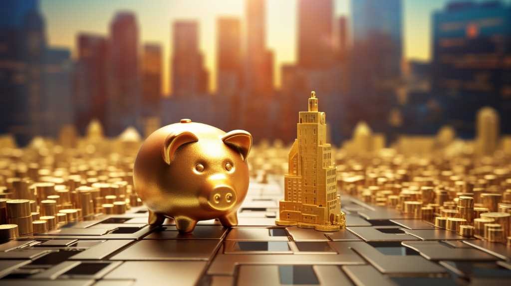 A gold piggy bank in front of a bustling city skyline, showcasing the thriving Commercial Real Estate Market.