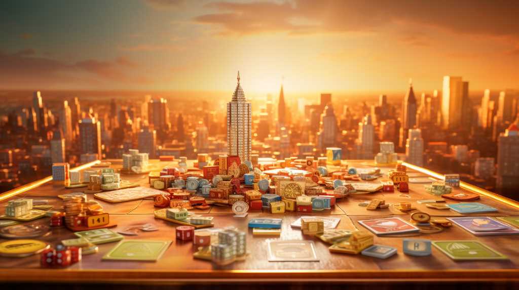 A board game with a city in the background.