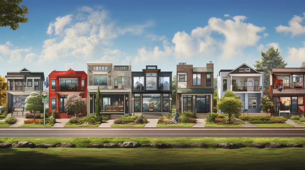 An artist's rendering of a row of houses on a street.