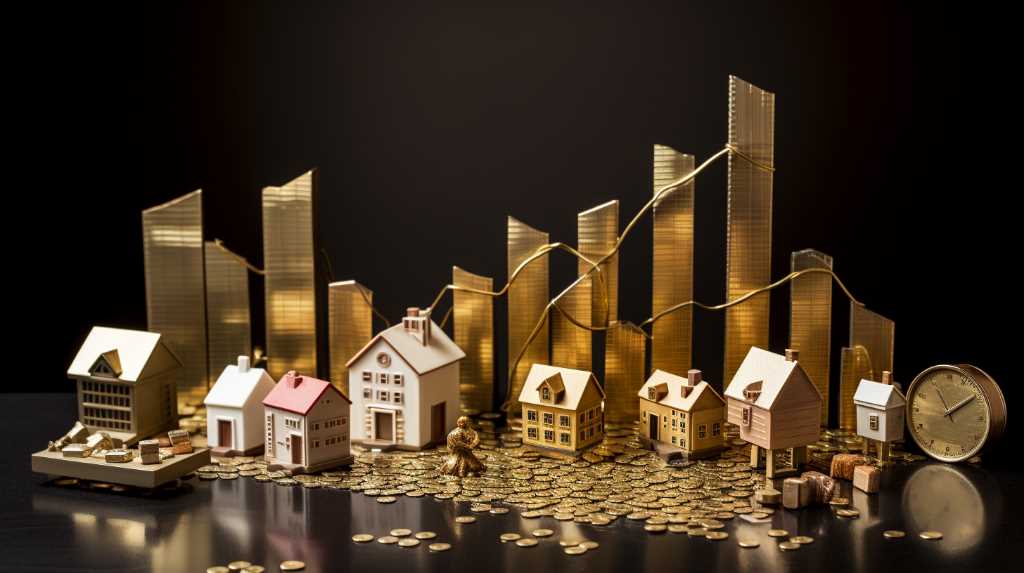 Gold houses and a clock on a black background.