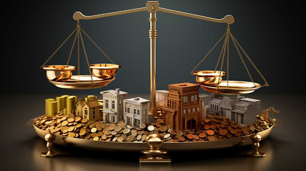 A gold scale with coins and a city on it that represents the Commercial Real Estate Market.