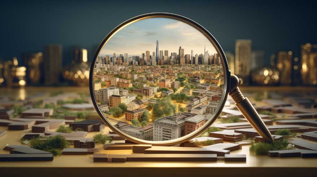 A magnifying glass revealing a cityscape, perfect for real estate market research.