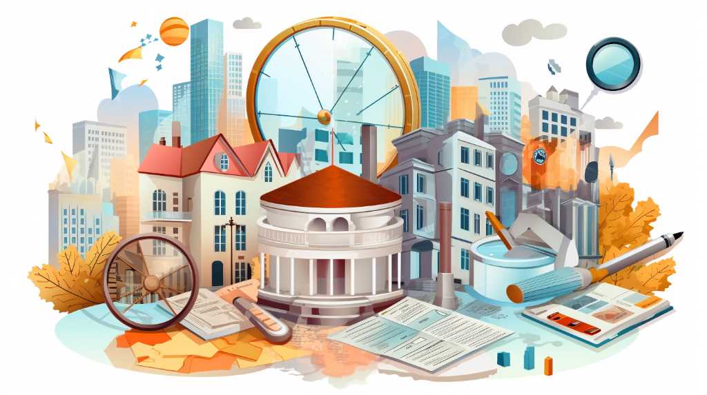 An illustration of a city with a magnifying glass and other objects used for real estate market research.