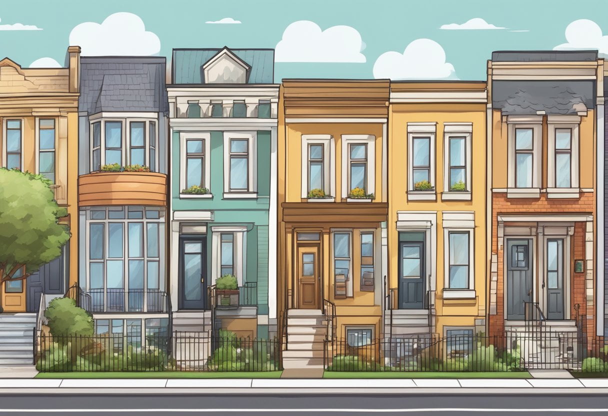 A row of diverse real estate properties, each labeled with different class types, surrounded by a bustling neighborhood