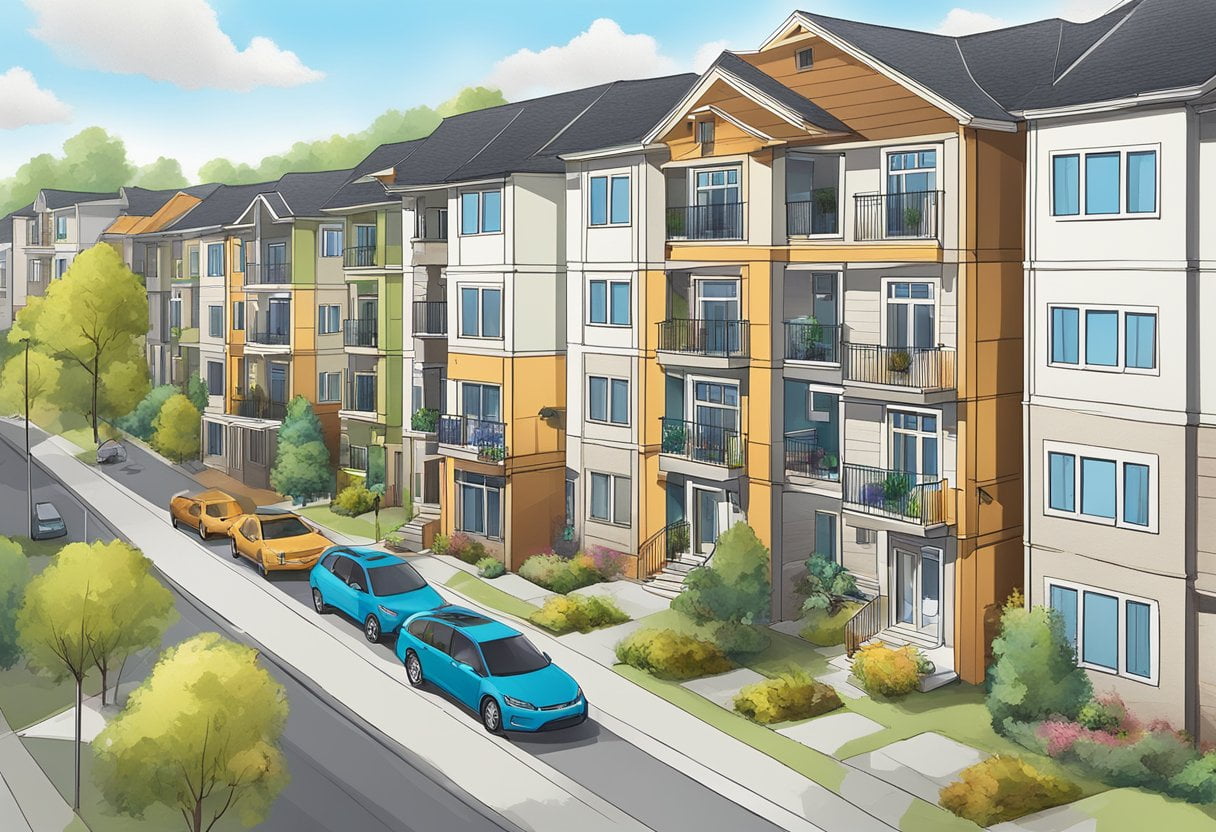 The scene depicts a multi-family building with various units, showing potential for high rental income. However, it also portrays potential challenges such as maintenance, tenant turnover, and management responsibilities
