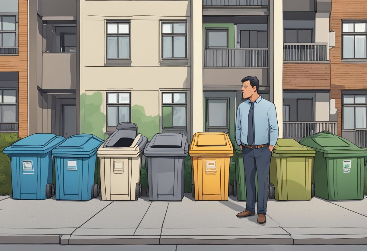 A landlord stands in front of a multi-family unit, looking frustrated as tenants express complaints. Trash bins overflow and noise emanates from the building
