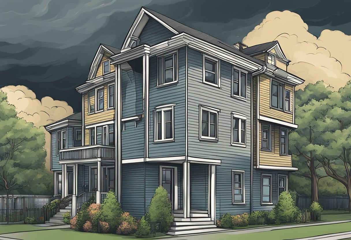 A dark cloud looms over a multifamily home, symbolizing the potential disadvantages of maintenance, tenant turnover, and shared financial responsibility