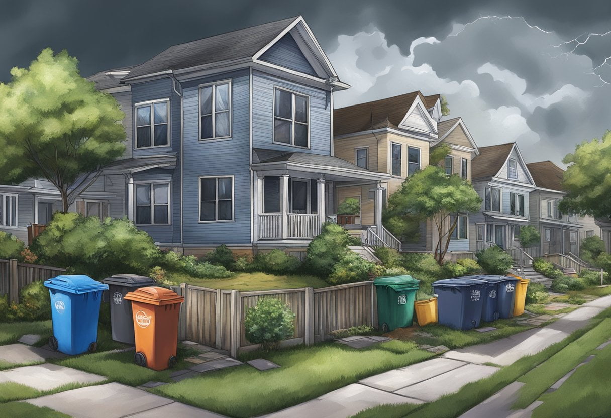 A stormy sky looms over a multi-family home, with cracked sidewalks and overgrown yard. Trash bins overflow, and a 
