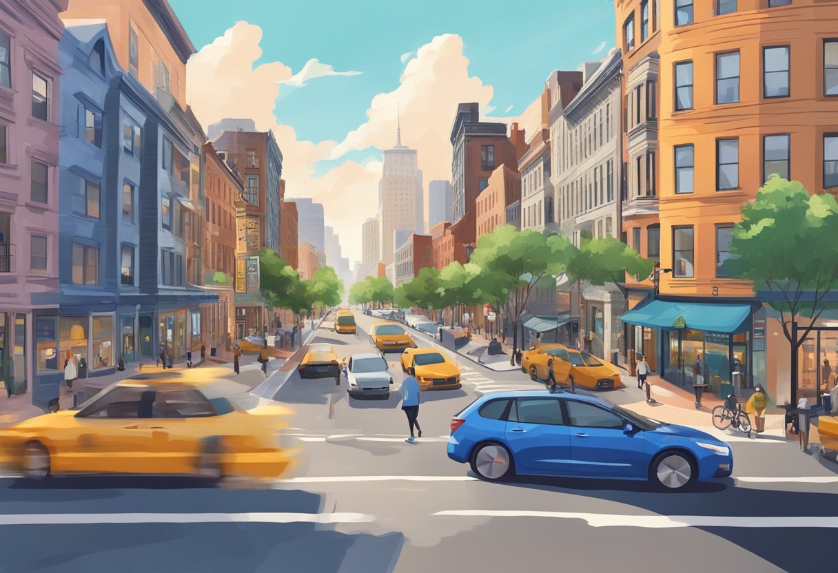 An illustration of a city street with yellow taxis and buildings depicting an urban landscape.